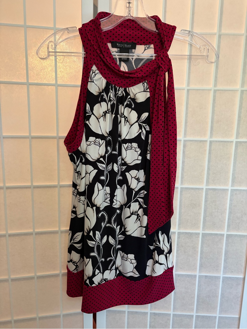 White House Black Market Black and Burgundy Floral Polka-Dot Tie-Neck Camisole